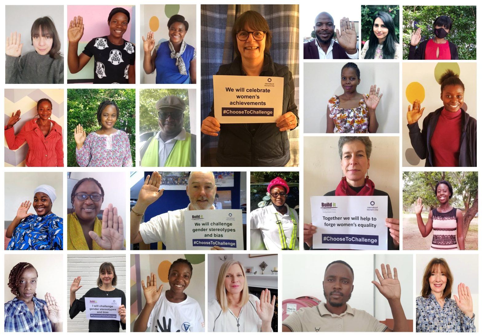 Photo montage of Build It community raising their hands in support of International Women's Day 2021
